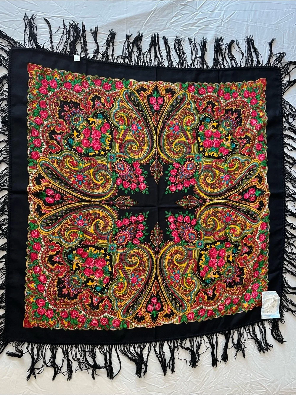 Pavlovo Posad Vintage USSR Wool Shawl Scarf 95x95 cm Black Paisley Floral NWT